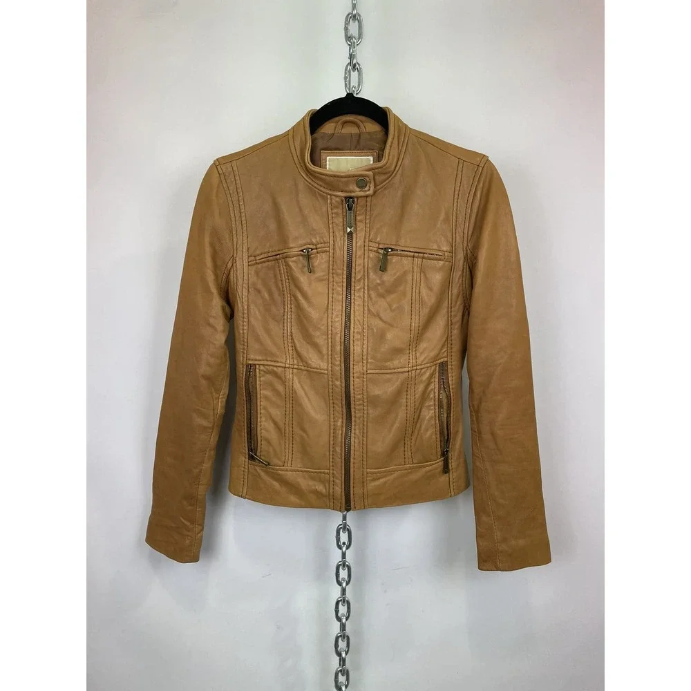 Micheal Kors Brown Leather Moto Jacket Size‎ Small